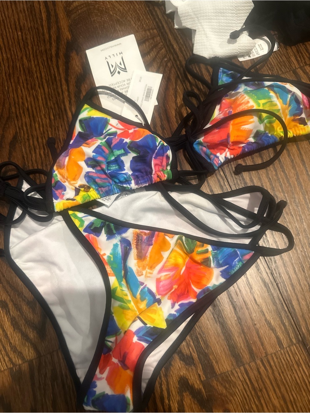 MILLY NWT Colorful Floral String Bikini with Black Trim